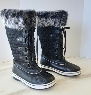 ALEADER Waterproof Thinsulate Black Quilted Fur Trim Mid-Calf Lace-Up Boots Sz 8